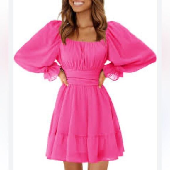 EXLURA Long Lantern Sleeve Square Neck Dress Elastic Waist Aline Pink Dress - Picture 2 of 11